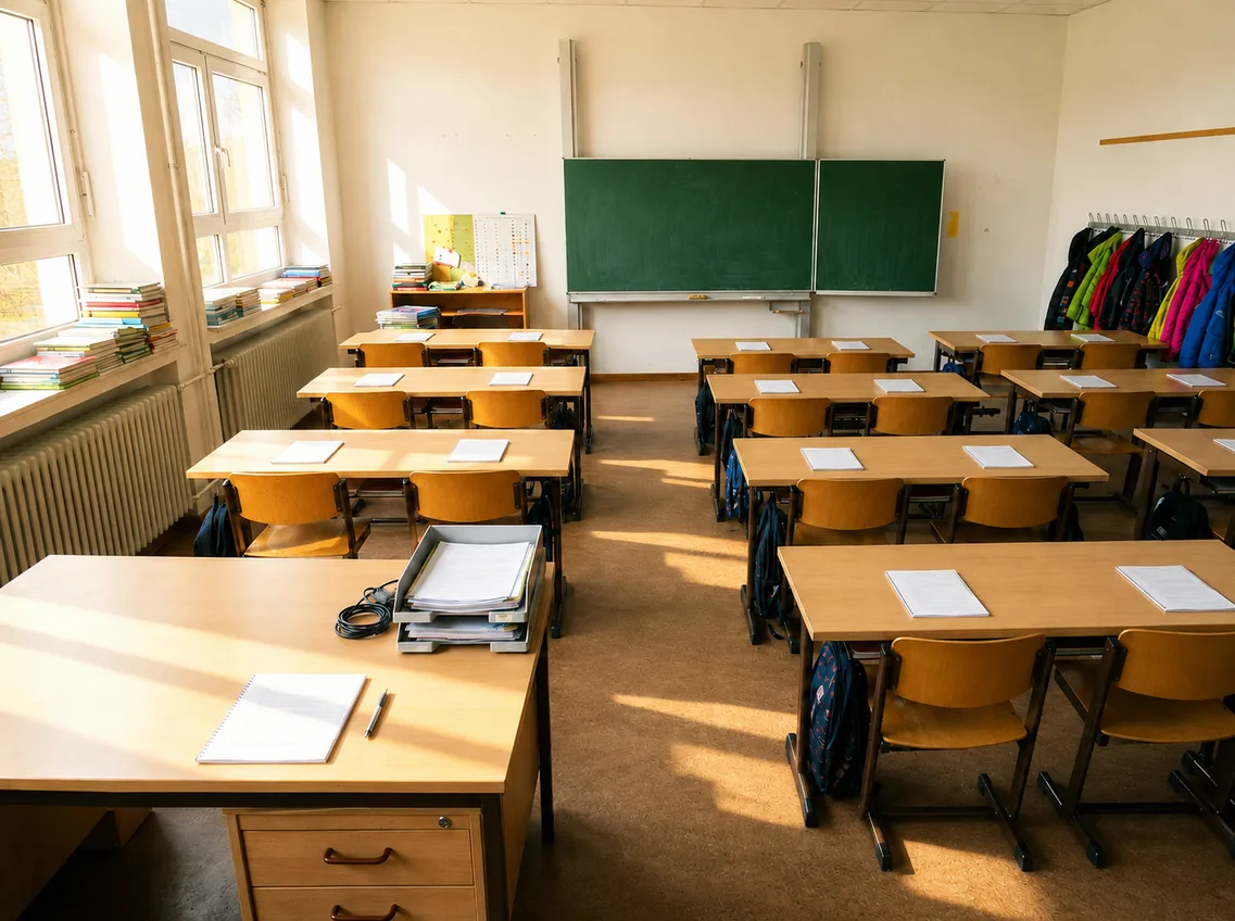 Aufgeräumtes, ruhiges Klassenzimmer nachher: geordnete Tische, sonniges Licht, klare Struktur