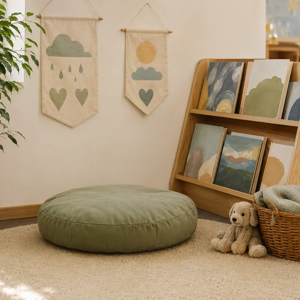 Gemütliche Ruhe-Ecke in einem Grundschul-Klassenzimmer: grünes Sitzkissen, Bücherregal und Korb mit Decke