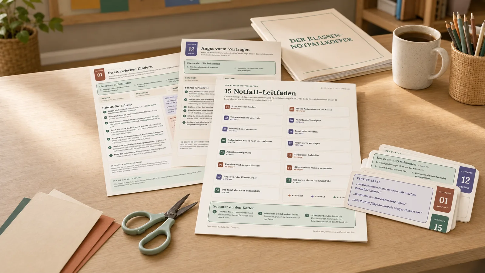 Ausgedruckte Notfall-Leitfäden und Fertige-Sätze-Karten des Klassen-Notfallkoffers auf einem Lehrerinnen-Schreibtisch