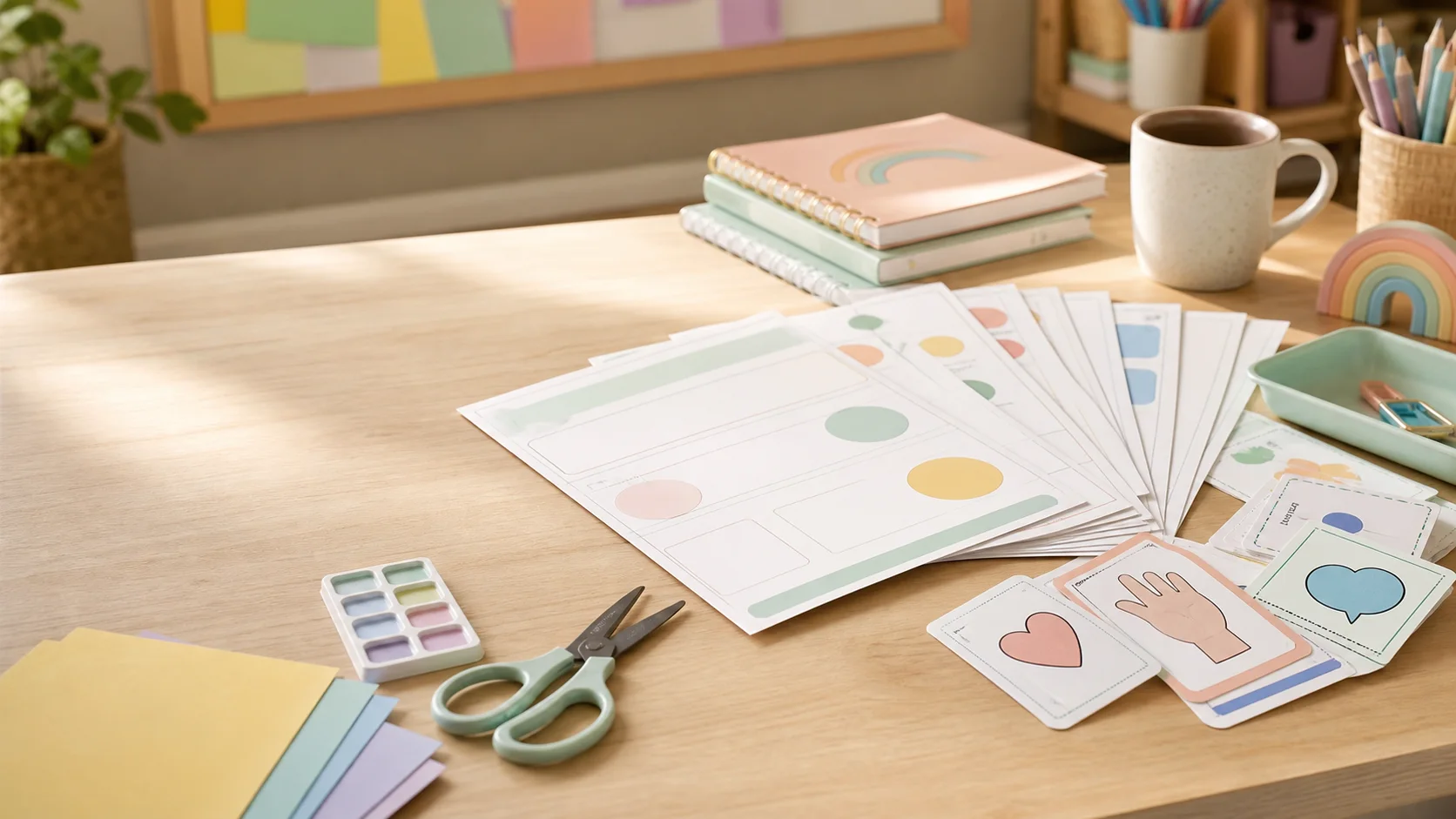 Ausgedruckte Materialien, Karten und Seiten des Koffers auf einem Lehrerinnen-Schreibtisch