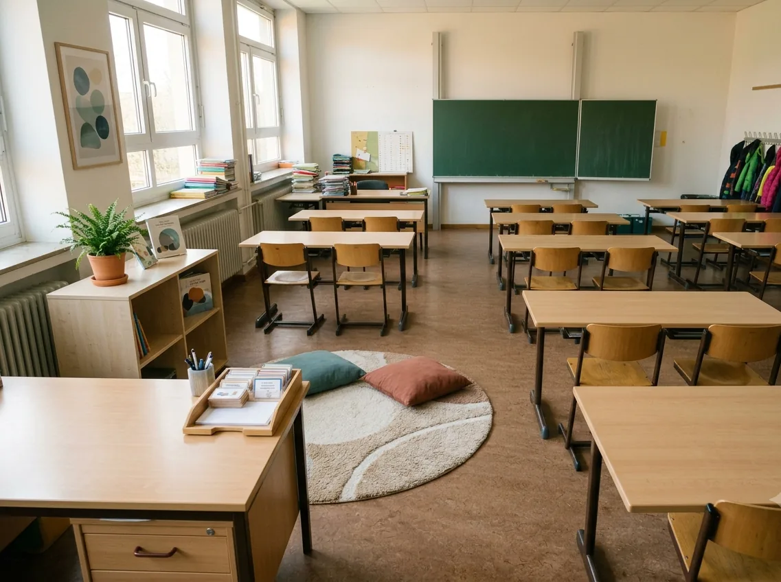 Dasselbe Klassenzimmer nachher: eingerichtete Ruhe-Ecke, Poster und visuelles Material