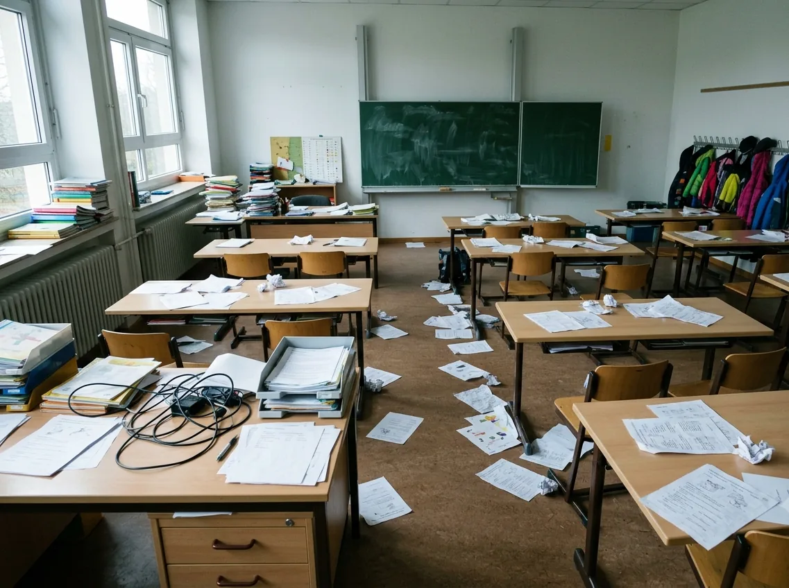 Dasselbe Klassenzimmer vorher: verstreute Blätter, aufgestapeltes Material, blockierter Ablauf